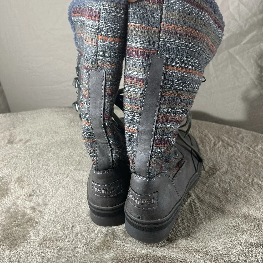 Rocket Dog Suri Horizon Womens 8 Gray Knit Lace Up Tall Winter Boots